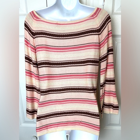 Anthropologie MOTH Sweater Keyhole Button Bell Sleeve Pink Ivory Brown Knit - Picture 6 of 8